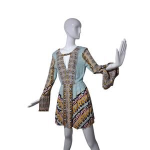 Free People Tegan Border Print Womens size 10 Bell Sleeve Mini Boho Fairy Dress